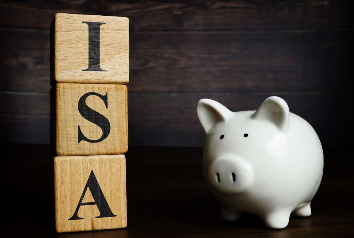 Piggy bank alongside wooden blocks spelling out ISA
