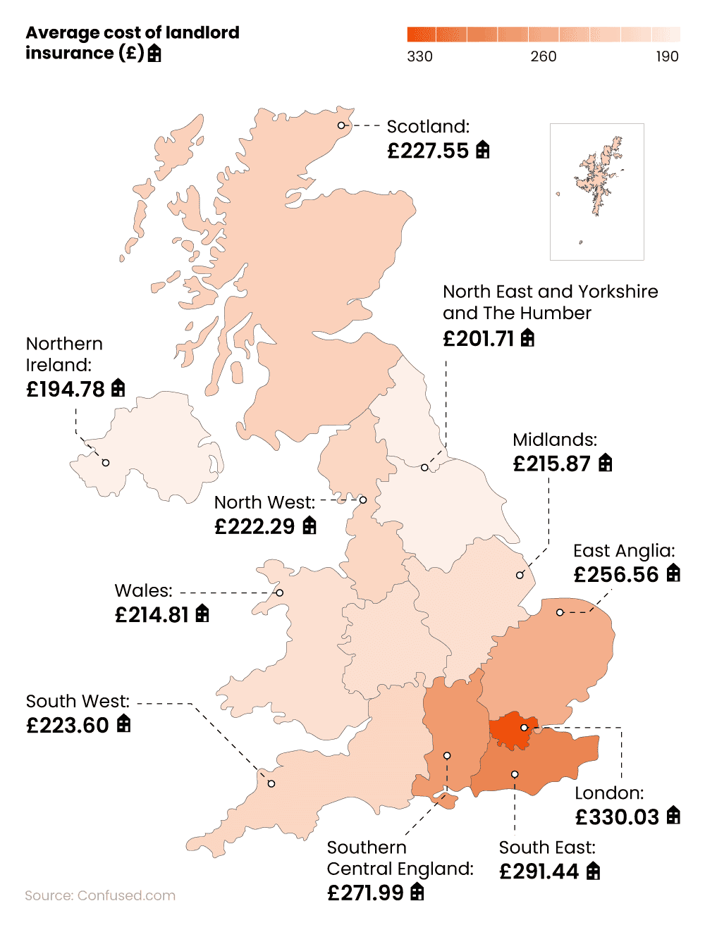 Shaded map of the UK showing average cost of landlord insurance by region