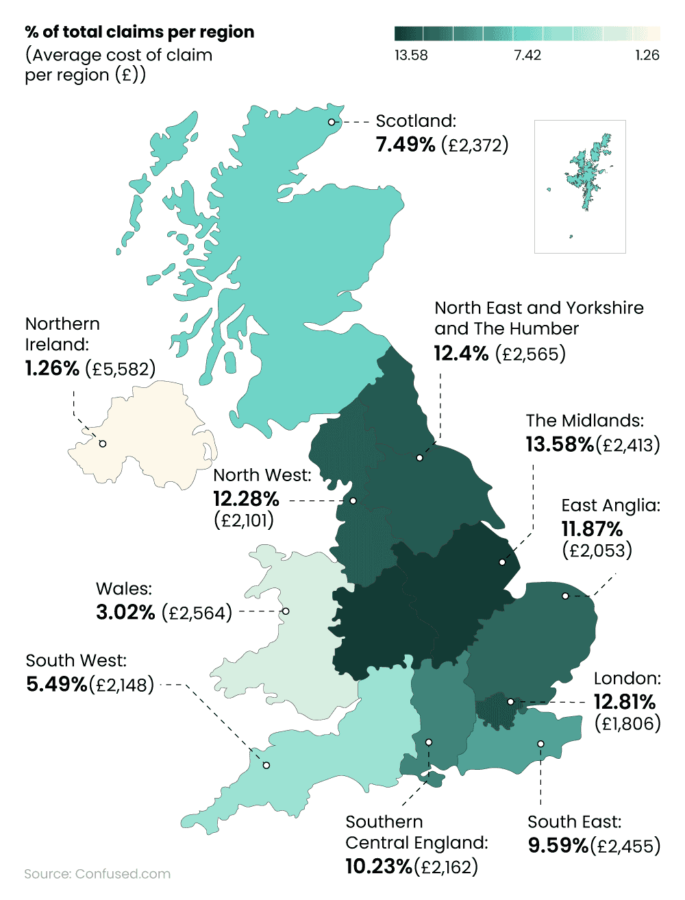 Shaded map of the UK showing most common UK landlord insurance claims by region and their associated average cost